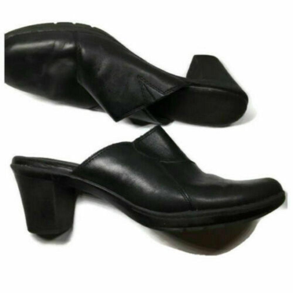 Clarks Black Leather Mules Clogs Chunky Heel
